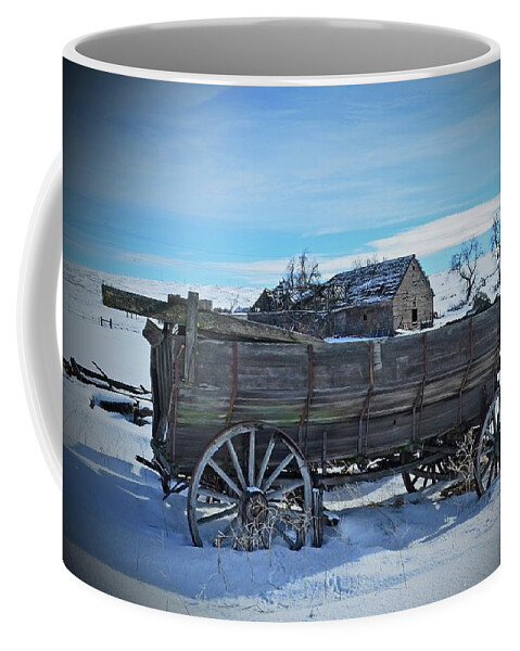  Coffee Mug featuring the digital art Barn and Wagon On May Homestead by Fred Loring