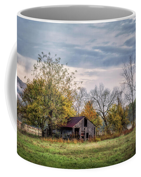 Arkansas Coffee Mug featuring the photograph Barn on a Misty Morning by James Barber