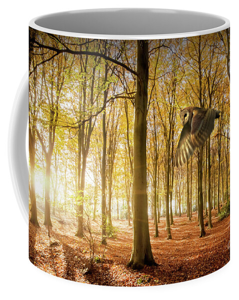Autumn Coffee Mug featuring the photograph Barn owl flying in autumn woodland by Simon Bratt