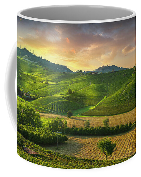 Vineyards Coffee Mug featuring the photograph Barolo wine vineyards and La Morra town. Langhe, Italy by Stefano Orazzini
