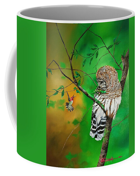 Birds Coffee Mug featuring the painting Barred Owl and Anna's hummingbird by Dana Newman