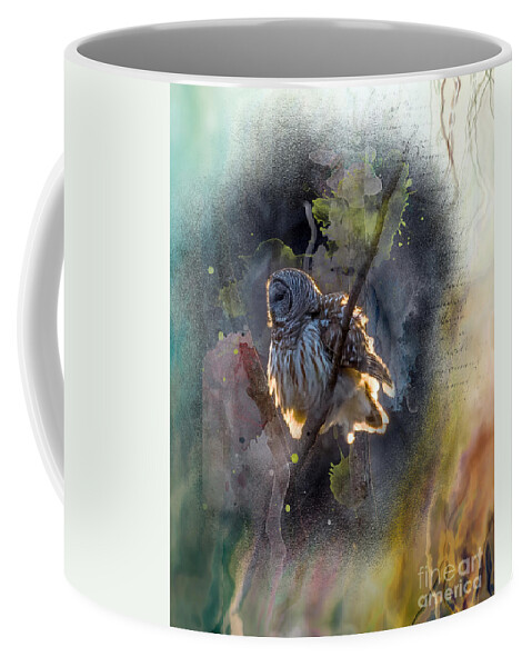 Barred Owl Coffee Mug featuring the photograph Barred Owl in a Floof after Preening, Backlit Rimmed in a Golden Sunset by Sandra Rust