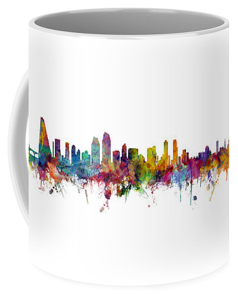 Berlin Coffee Mug featuring the digital art Basel, San Jose and Berlin Skyline Mashup by Michael Tompsett