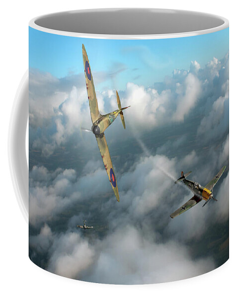 Spitfire Coffee Mug featuring the photograph Battle of Britain Spitfire shoots down Messerschmitt Bf 109 by Gary Eason