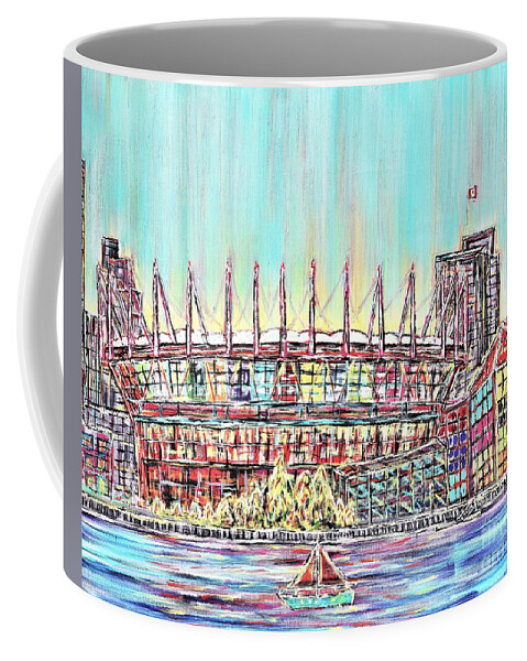 Vancouver Coffee Mug featuring the painting BC Place, Vancouver, Alive In Color by Jeremy Aiyadurai