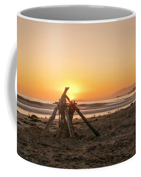 Sunset Coffee Mug featuring the photograph Beach Birds and Teepee at Sunset by Lindsay Thomson