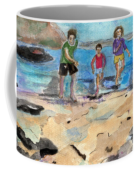 Beach Coffee Mug featuring the painting Family jogging on the beach. by Genevieve Holland