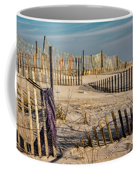 Sand Coffee Mug featuring the photograph Beach Fence by Cathy Kovarik