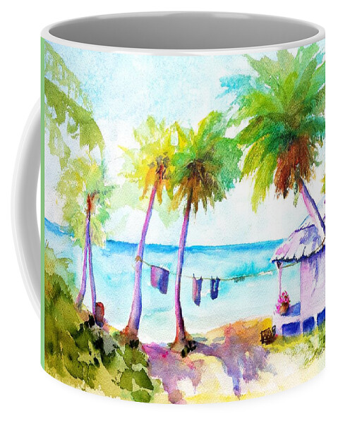 Troical Coffee Mug featuring the painting Beach House Tropical Paradise by Carlin Blahnik CarlinArtWatercolor