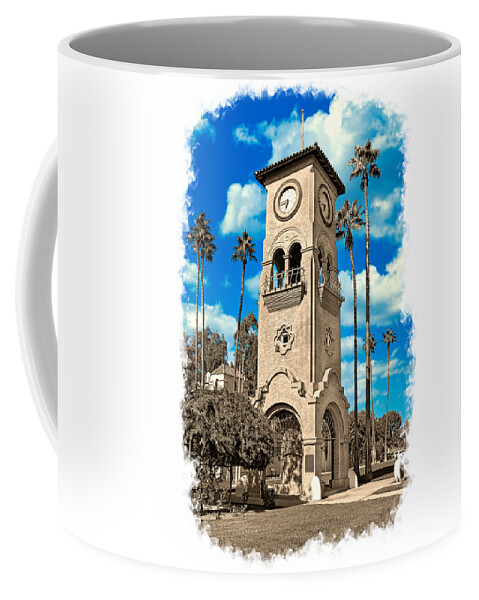Beale Memorial Clock Tower Coffee Mug featuring the digital art Beale Memorial Clock Tower in Bakersfield, California - black and white, with the blue sky isolated by Nicko Prints