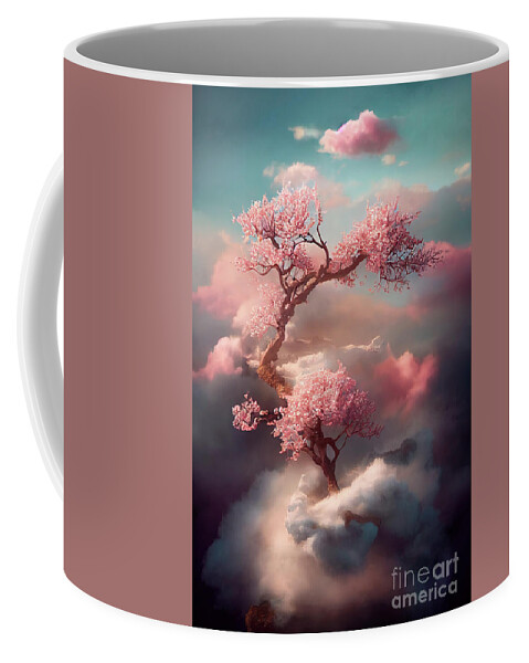 Cherry Coffee Mug featuring the digital art Beautiful dreamy cherry blossom tree from heavenly clouds. Abstr by Jelena Jovanovic