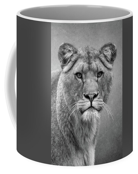 Lions Coffee Mug featuring the digital art Beautiful lioness in black and white by Marjolein Van Middelkoop