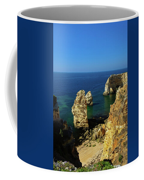 Praia Da Marinha Coffee Mug featuring the photograph Beautiful Marinha Beach from the Cliffs by Angelo DeVal