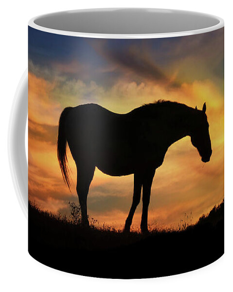 Horse Coffee Mug featuring the photograph Beautiful Silhouetted Horse in Colorful Sunrise by Stephanie Laird