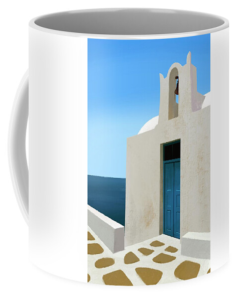 Bell house by the sea - Santorini, Greece - Minimalist Travel Painting -  Coastal Aesthetic Coffee Mug by Cosmic Soup - Pixels