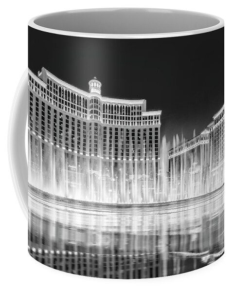 Bellagio Hotel Coffee Mug featuring the photograph Bellagio Hotel Fountains BW by Susan Candelario
