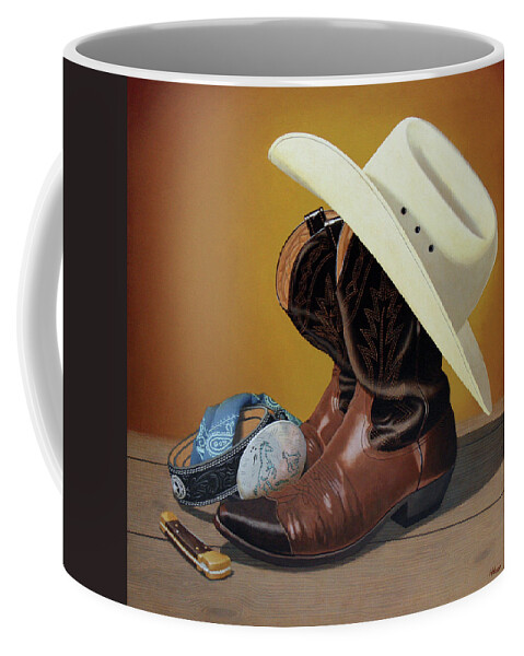 Still Life Coffee Mug featuring the painting Belt buckle, boots, and a buck by Norman Engel