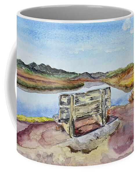 Bench Coffee Mug featuring the painting Bench with a view by Tracy Hutchinson
