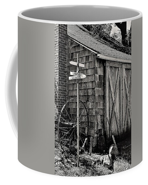  Barn Wheel Sign Dwelling Door Black White Coffee Mug featuring the photograph Benner's Farm by John Linnemeyer