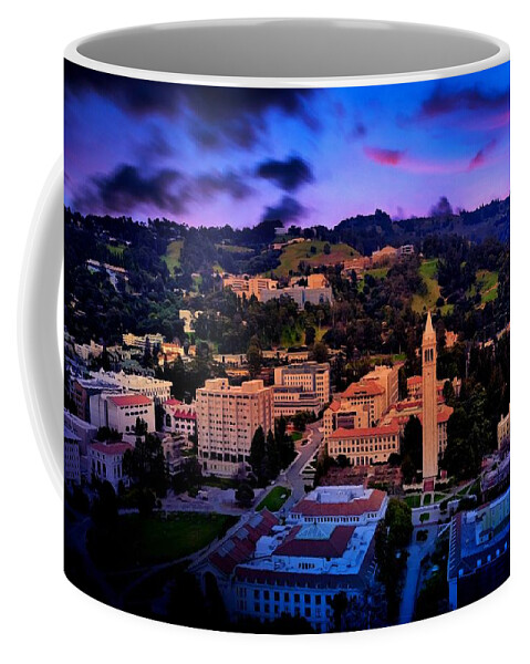 Berkeley Coffee Mug featuring the digital art Berkeley University of California campus - aerial at sunset by Nicko Prints