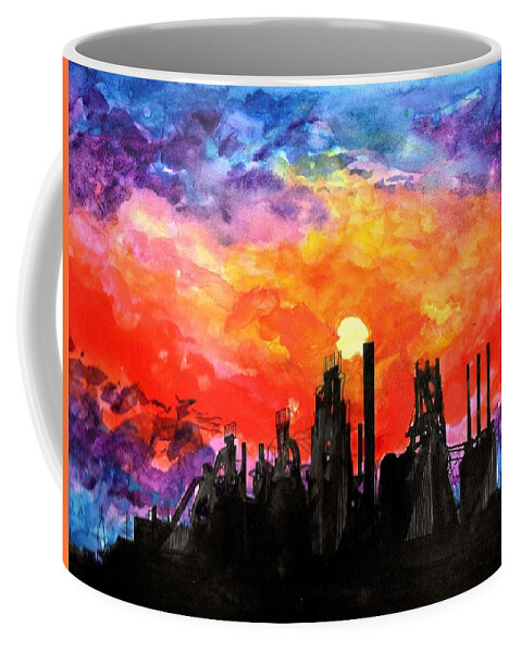 Bethlehem Coffee Mug featuring the painting Industrial Sunset Serenade by Kenneth Pope