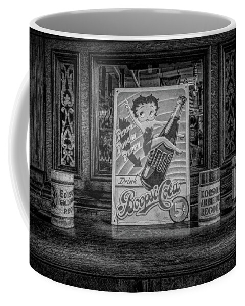 Betty Boop Coffee Mug featuring the photograph Betty Boop Cola BW by Kristia Adams