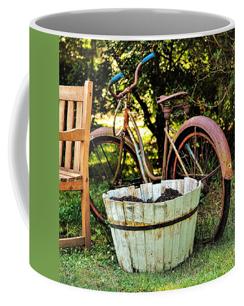 Bench Bicycle Coffee Mug featuring the photograph Bicycle Bench1 by John Linnemeyer
