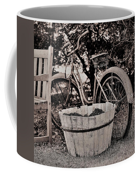 Bicycle Bench B&w Coffee Mug featuring the photograph Bicycle Bench2 by John Linnemeyer