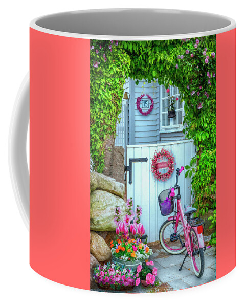 Spring Coffee Mug featuring the photograph Bicycle Waiting at the Garden Gate by Debra and Dave Vanderlaan
