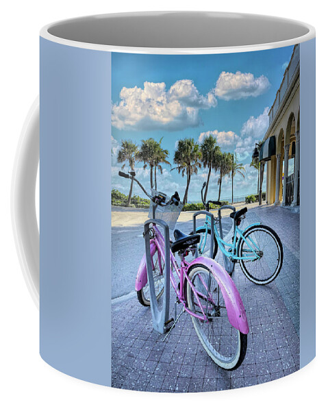 Coastal Coffee Mug featuring the photograph Bicycles at the Beach Casino by Debra and Dave Vanderlaan