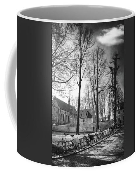 Bruges Coffee Mug featuring the photograph Bicycles of Bruges Belgium Black and White by Carol Japp