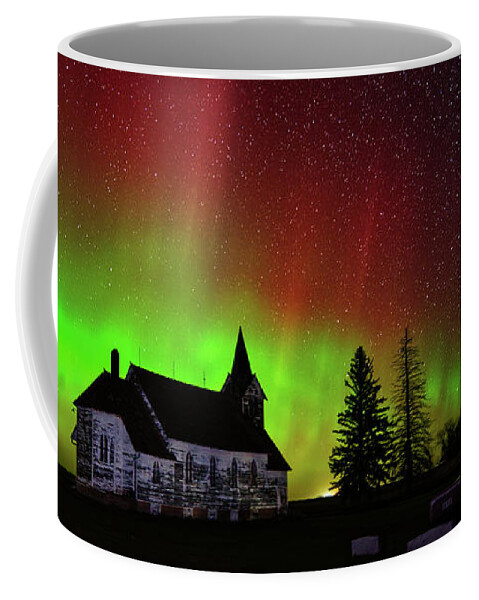 Big Coulee Lutheran Coffee Mug featuring the photograph Big Coulee Lutheran Church with Aurora Borealis #2 of 2 by Peter Herman