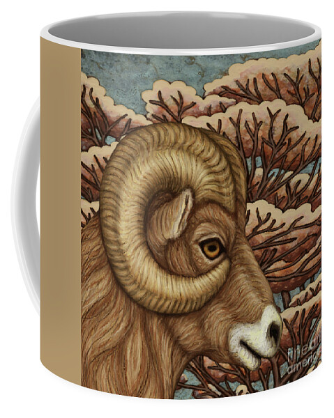 Ram Coffee Mug featuring the painting Bighorn Grandeur by Amy E Fraser