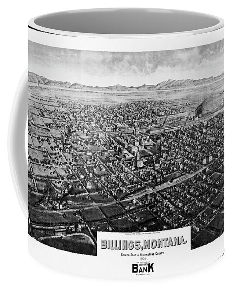 Billings Coffee Mug featuring the photograph Billings Montana Antique Map Birds Eye View 1904 Black and White by Carol Japp