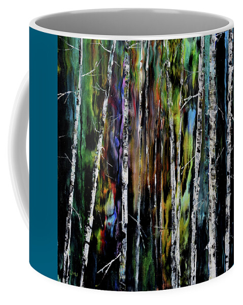 Birch Trees Coffee Mug featuring the painting Birch Trees in a Mysterious Forest by Laura Iverson