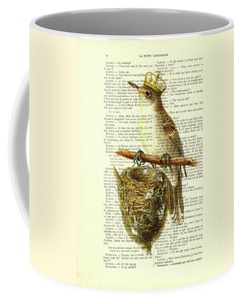 Bird Coffee Mug featuring the digital art Bird with golden crown and bird's nest art by Madame Memento