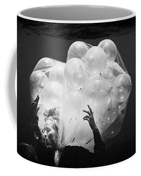 Black White Balloons Kiss Man Woman Romantic  French Lovers New York Contemporary Photograph Film Coffee Mug featuring the photograph Bisous Baisers etouffes par des ballons by Kasey Jones