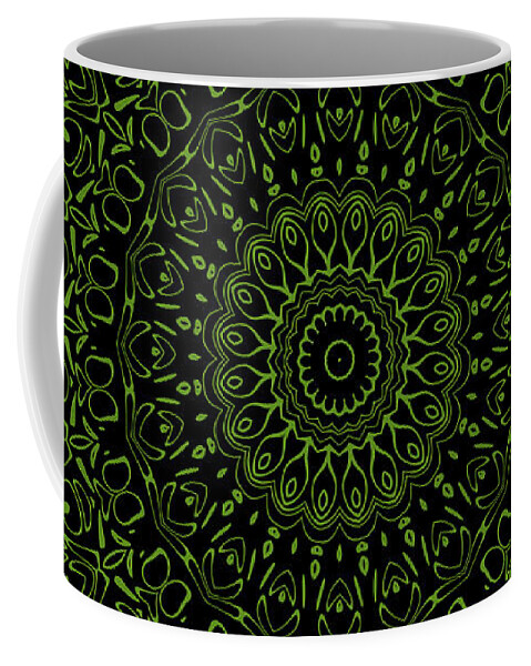 Black And Green Coffee Mug featuring the digital art Black and Green Mandala Kaleidoscope Medallion Flower by Mercury McCutcheon