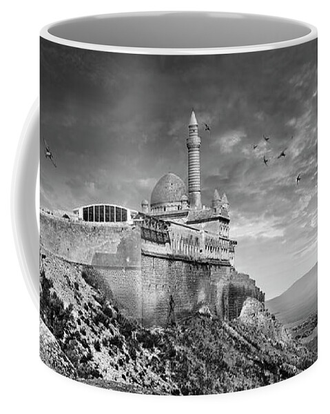 Landmark Ishak Pasha Palace Coffee Mug featuring the photograph Sacred Stone - Black and white photo of the Ishak Pasha Palace by Paul E Williams