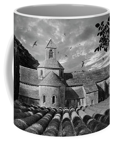 Senanque Abbey Coffee Mug featuring the photograph Sacred Stone - Black and white photo of the Romanesque Senanque Abbey by Paul E Williams