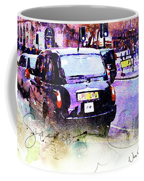 London Coffee Mug featuring the mixed media Black Cab on Streets of London by Nicky Jameson