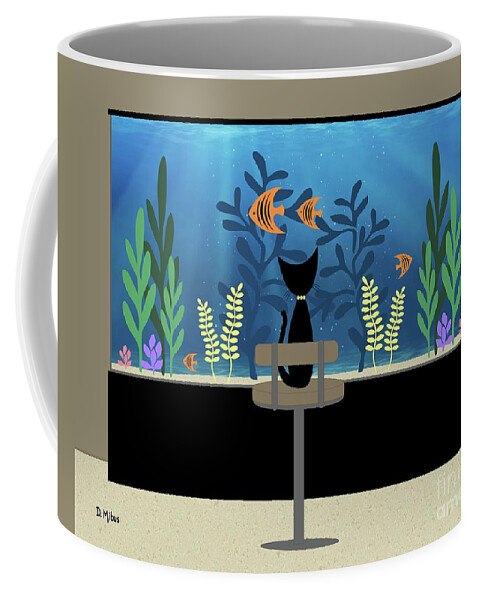 Aquarium Coffee Mug featuring the digital art Black Cat Admires Angel Fish by Donna Mibus