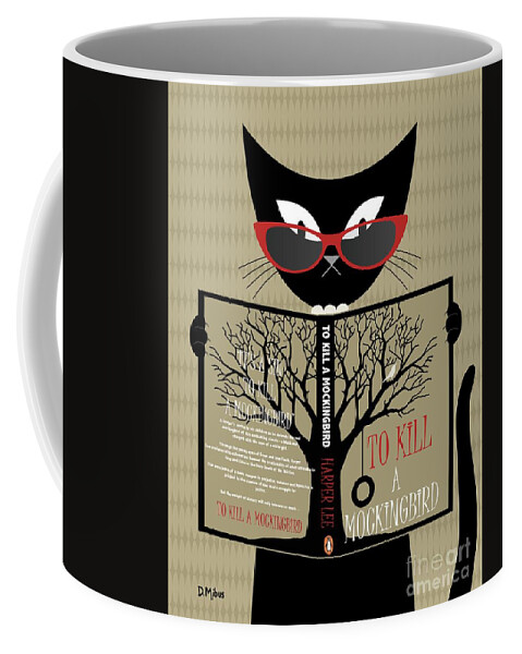Cat Reads A Book Coffee Mug featuring the digital art Black Cat Reads a Book by Donna Mibus