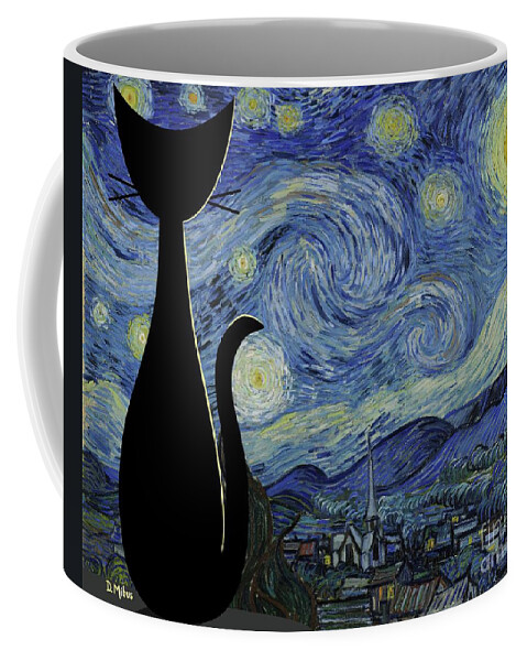 Black Cat Coffee Mug featuring the digital art Black Cat Steps into Starry Night by Donna Mibus