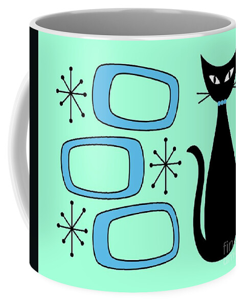 Mid Century Cat Coffee Mug featuring the digital art Black Cat with Mod Oblongs Aqua by Donna Mibus