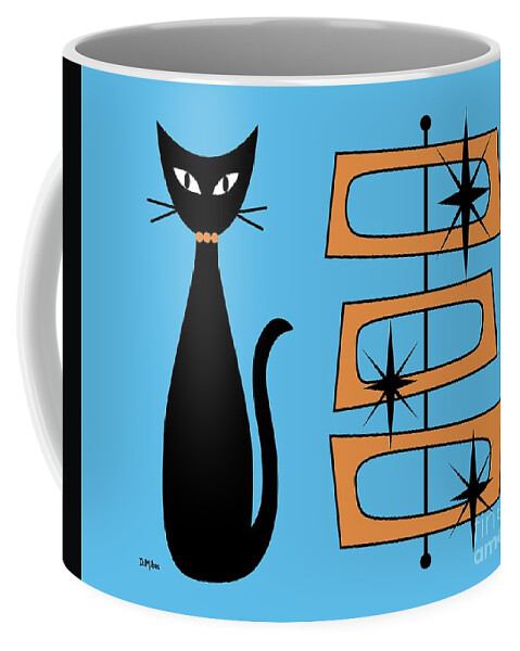 Mid Century Cat Coffee Mug featuring the digital art Black Cat with Mod Rectangles Blue by Donna Mibus
