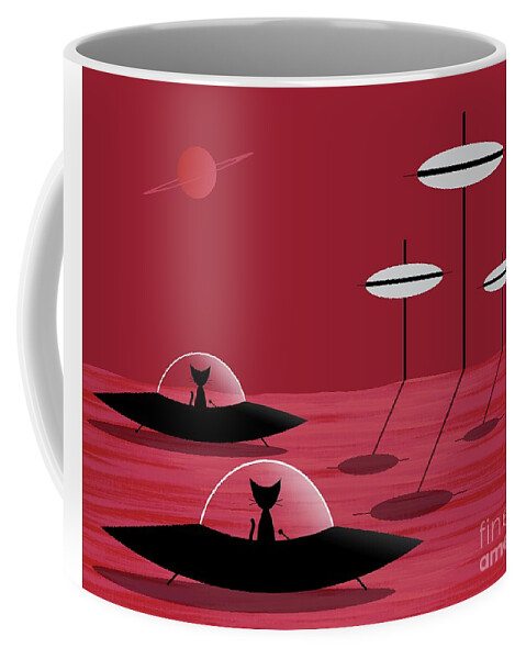 Black Cat Coffee Mug featuring the digital art Black Cats Visit Red Planet by Donna Mibus