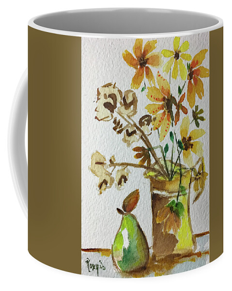 Still Life Coffee Mug featuring the painting Black eyed Susans and a Pear by Roxy Rich