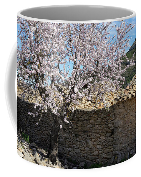 Almond Tree Coffee Mug featuring the photograph Blooming almond tree and traditional farmhouse by Adriana Mueller