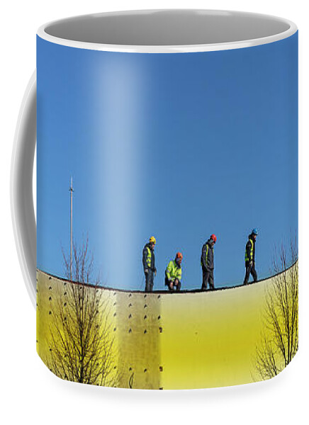 Photography #street Photography #candid Photography #slice Of Life #blue And Yellow #four Men #four Birds #workers#with Hope For Future #admin Picks Coffee Mug featuring the photograph Blue And Yellow Horizon/Admin Wide Pick by Aleksandrs Drozdovs